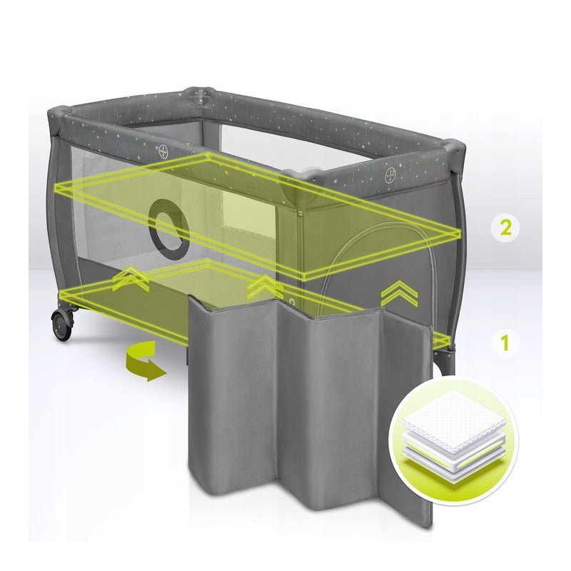 Patut pliant, Lionelo, Stefi Plus, Cu doua nivele, Cu intrare laterala cu fermoar, 2 roti, 120 x 60 cm, Conform cu standardul european de securitate EN 716, Gri/ Multicolor