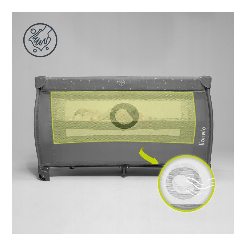 Patut pliant, Lionelo, Stefi Plus, Cu doua nivele, Cu intrare laterala cu fermoar, 2 roti, 120 x 60 cm, Conform cu standardul european de securitate EN 716, Gri/ Multicolor