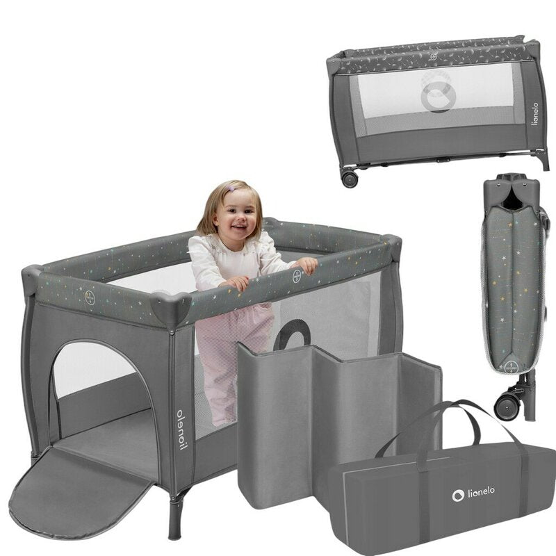 Patut pliant, Lionelo, Stefi Plus, Cu doua nivele, Cu intrare laterala cu fermoar, 2 roti, 120 x 60 cm, Conform cu standardul european de securitate EN 716, Gri/ Multicolor