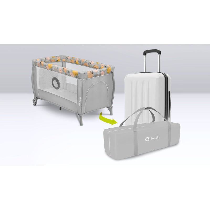 Patut pliant, Lionelo, Stefi Plus, Cu doua nivele, Cu intrare laterala cu fermoar, 2 roti, 120 x 60 cm, Conform cu standardul european de securitate EN 716, Roz/Galben