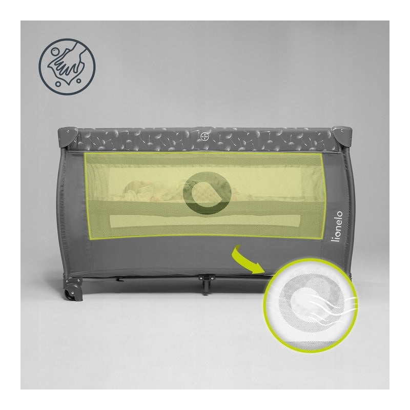 Patut pliant, Lionelo, Stefi Plus, Cu doua nivele, Cu intrare laterala cu fermoar, 2 roti, 120 x 60 cm, Conform cu standardul european de securitate EN 716, Roz/Galben