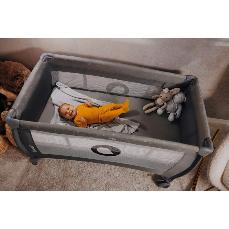 Patut pliant, Lionelo, Stefi Plus, Cu doua nivele, Cu intrare laterala cu fermoar, 2 roti, 120x60 cm, Conform cu standardul european de securitate EN 716, Gri