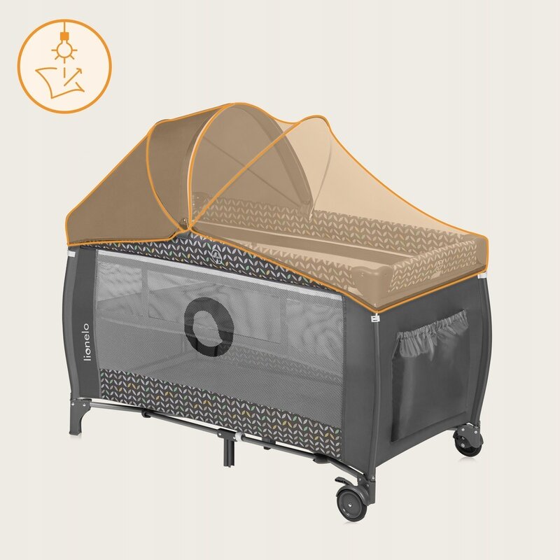 Patut pliant, Lionelo, Sven Plus, 120x60 cm, Cu doua nivele, Cu arcada jucarii, masuta de infasat, vibratii, melodii  conform cu standardele europeane de securitate EN716 si EN12221, Grey Scandi