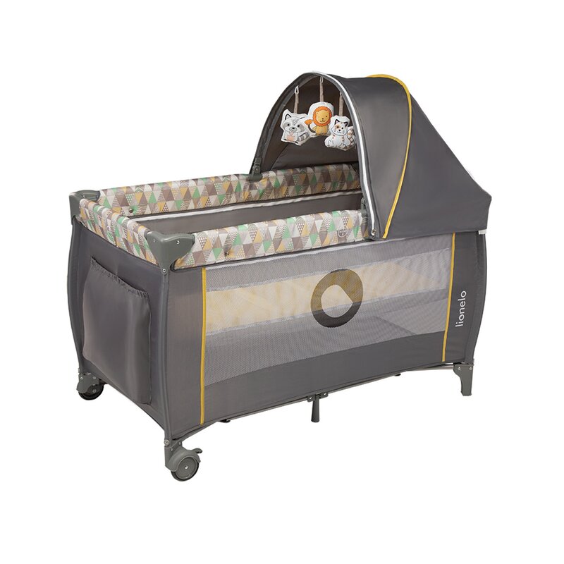Patut pliant, Lionelo, Sven Plus, 120x60 cm, Cu doua nivele, Cu arcada jucarii, masuta de infasat  vibratii, melodii, conform cu standardele europeane de securitate EN716 si EN12221, Yellow Scandi