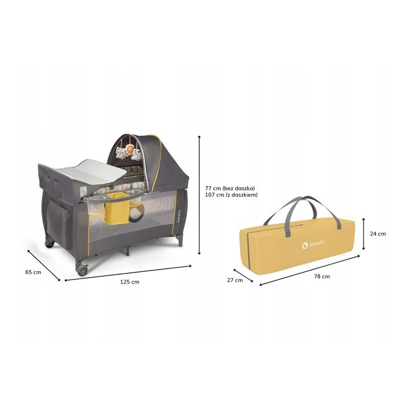 Patut pliant, Lionelo, Sven Plus, 120x60 cm, Cu doua nivele, Cu arcada jucarii, masuta de infasat  vibratii, melodii, conform cu standardele europeane de securitate EN716 si EN12221, Yellow Scandi