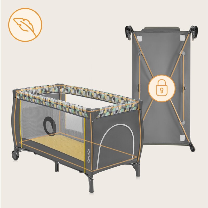 Patut pliant, Lionelo, Sven Plus, 120x60 cm, Cu doua nivele, Cu arcada jucarii, masuta de infasat  vibratii, melodii, conform cu standardele europeane de securitate EN716 si EN12221, Yellow Scandi