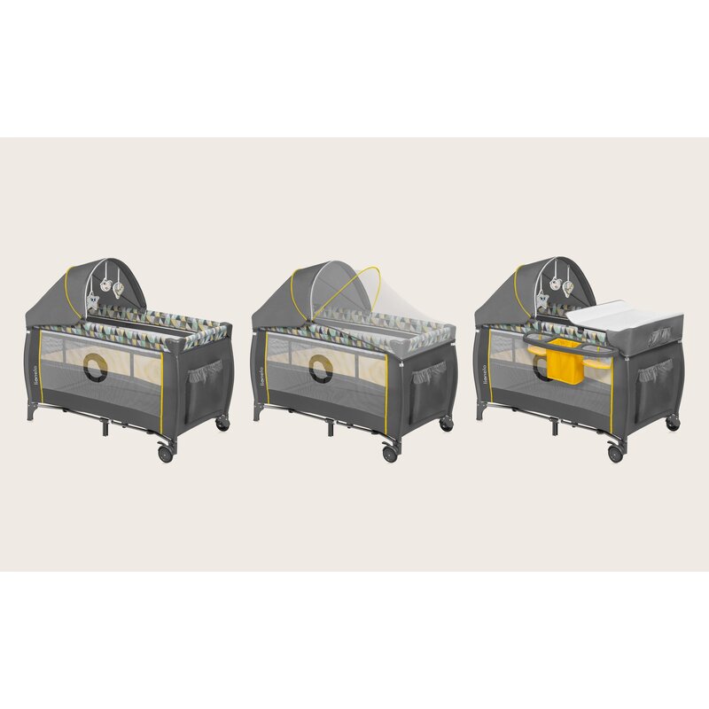 Patut pliant, Lionelo, Sven Plus, 120x60 cm, Cu doua nivele, Cu arcada jucarii, masuta de infasat  vibratii, melodii, conform cu standardele europeane de securitate EN716 si EN12221, Yellow Scandi