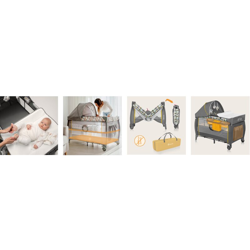 Patut pliant, Lionelo, Sven Plus, 120x60 cm, Cu doua nivele, Cu arcada jucarii, masuta de infasat  vibratii, melodii, conform cu standardele europeane de securitate EN716 si EN12221, Yellow Scandi