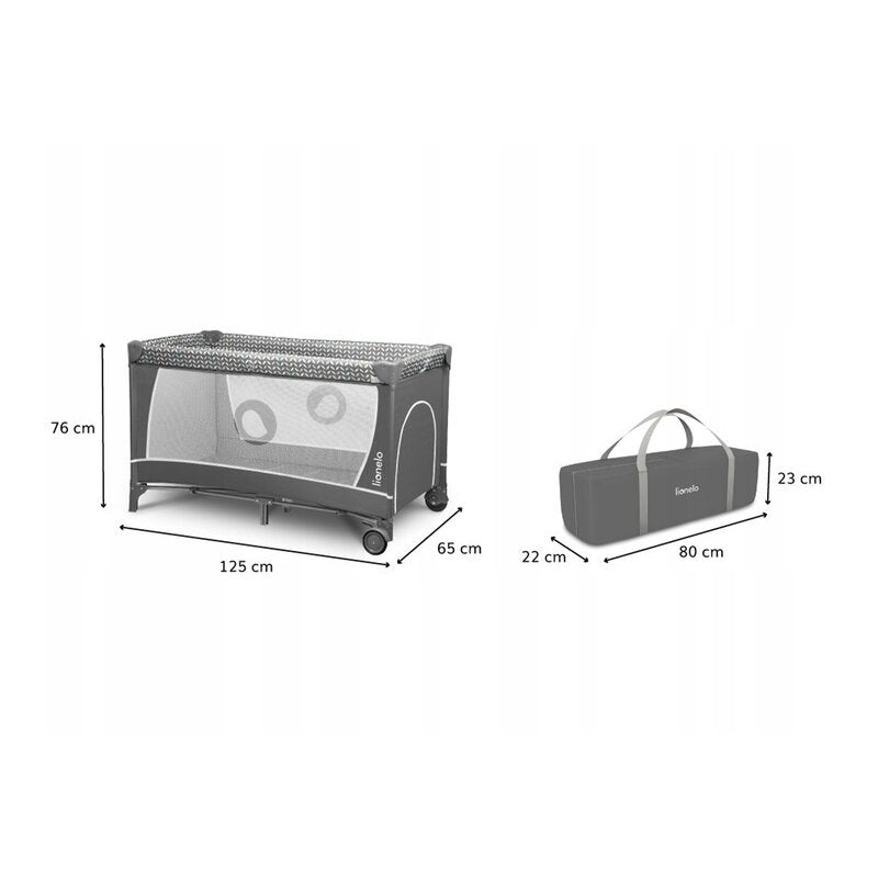 Patut pliant, Lionelo, Flower, Cu doua nivele, Cu arcada, Geanta transport, Masuta de infasat, Bara cu jucarii, Fereastra laterala, 120x60 cm, Conform cu standardele europeane de securitate EN 716 si EN12221, Gri