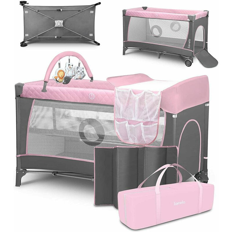 Patut pliant, Lionelo, Flower, Cu doua nivele, Cu arcada, Geanta transport, Masuta de infasat, Bara cu jucarii, Fereastra laterala, 120x60 cm, Conform cu standardele europeane de securitate EN 716 si EN12221, Roz