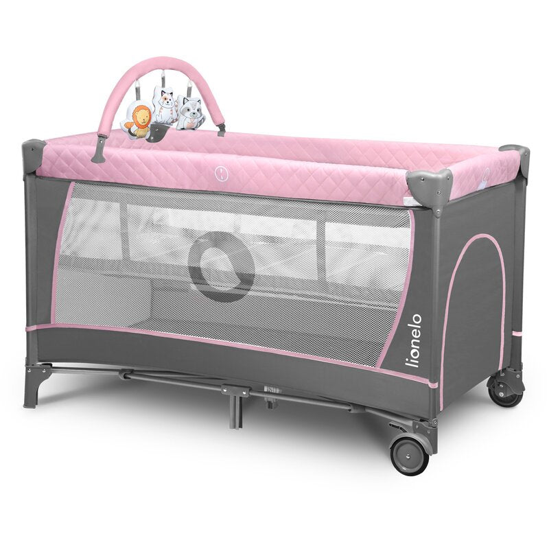 Patut pliant, Lionelo, Flower, Cu doua nivele, Cu arcada, Geanta transport, Masuta de infasat, Bara cu jucarii, Fereastra laterala, 120x60 cm, Conform cu standardele europeane de securitate EN 716 si EN12221, Roz