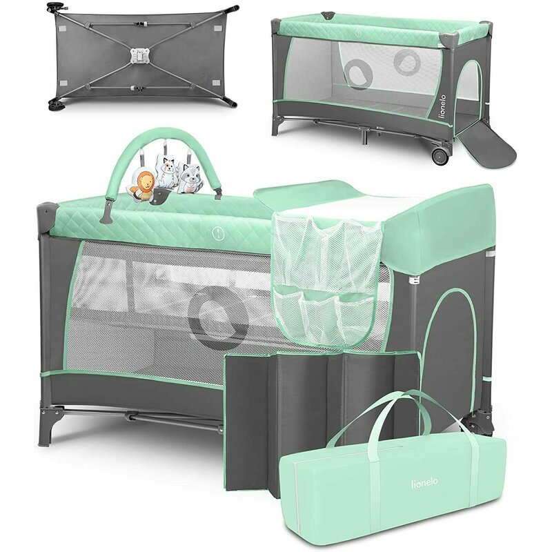 Patut pliant, Lionelo, Flower, Cu doua nivele, Cu arcada, Geanta transport, Masuta de infasat, Bara cu jucarii, Fereastra laterala, 120x60 cm, Conform cu standardele europeane de securitate EN 716 si EN12221, Turcoaz
