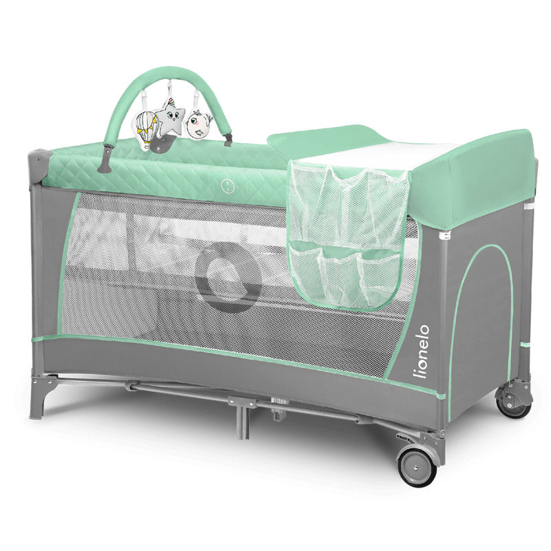 Patut pliant, Lionelo, Flower, Cu doua nivele, Cu arcada, Geanta transport, Masuta de infasat, Bara cu jucarii, Fereastra laterala, 120x60 cm, Conform cu standardele europeane de securitate EN 716 si EN12221, Turcoaz