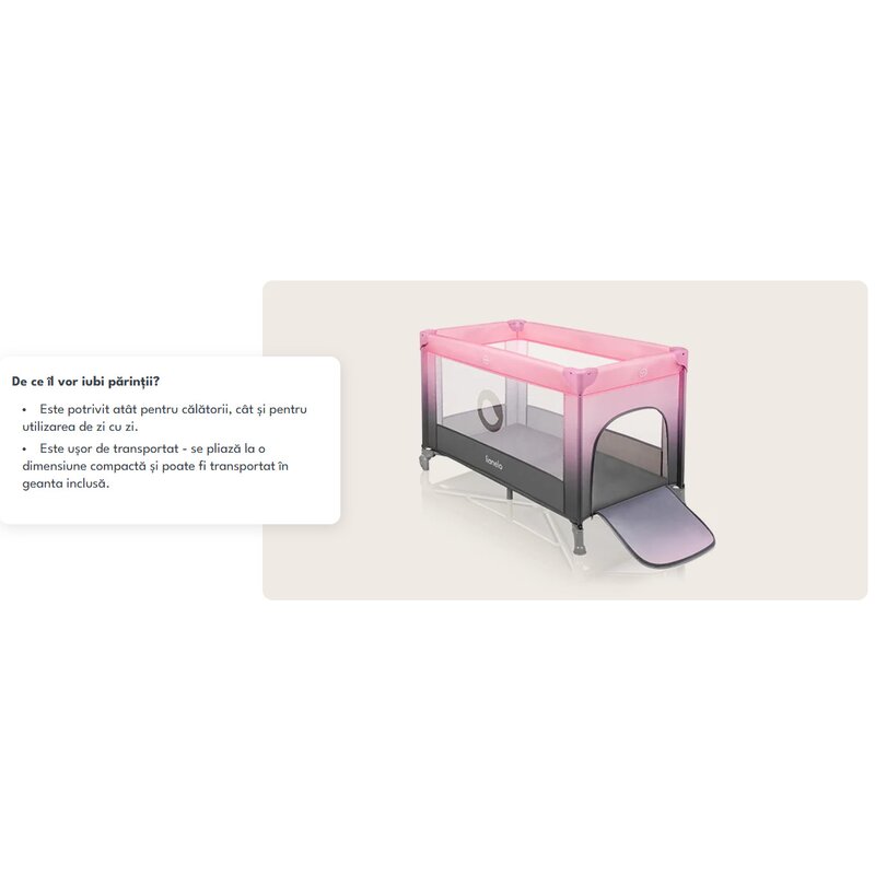Patut pliant, Lionelo, Stefi, Cu un nivel, Cu intrare laterala cu fermoar, 2 roti, 120x60 cm, Conform cu standardul european de securitate EN 716, Roz Ombre