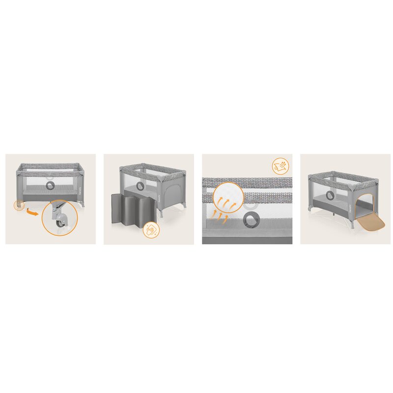 Patut pliant, Lionelo, Stefi, Cu un nivel, Cu intrare laterala cu fermoar, 2 roti, 120x60 cm, Conform cu standardul european de securitate EN 716, Grey