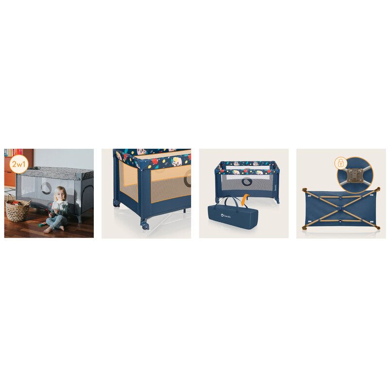Patut pliant, Lionelo, Stefi, Cu un nivel, Cu intrare laterala cu fermoar, 2 roti, 120x60 cm, Conform cu standardul european de securitate EN 716, Blue Navy