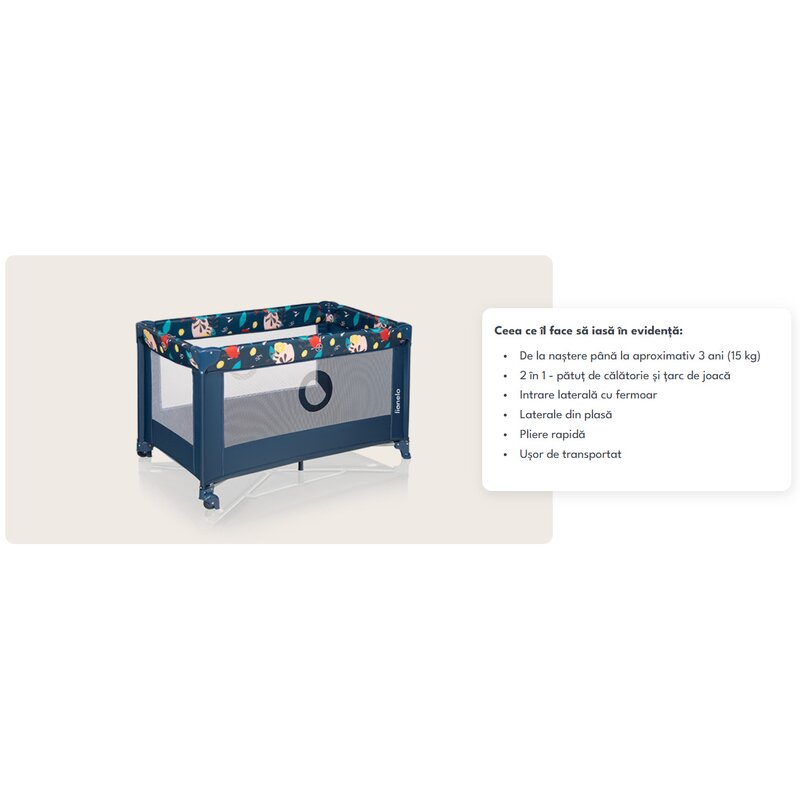 Patut pliant, Lionelo, Stefi, Cu un nivel, Cu intrare laterala cu fermoar, 2 roti, 120x60 cm, Conform cu standardul european de securitate EN 716, Blue Navy