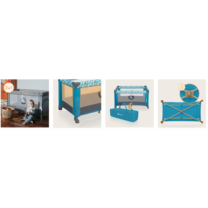 Patut pliant, Lionelo, Stefi, Cu un nivel, Cu intrare laterala cu fermoar, 2 roti, 120x60 cm, Conform cu standardul european de securitate EN 716, Turquoise