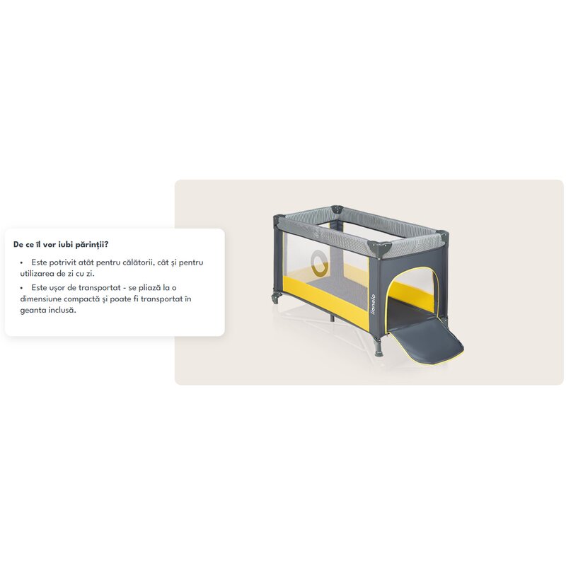 Patut pliant, Lionelo, Stefi, Cu un nivel, Cu intrare laterala cu fermoar, 2 roti, 120x60 cm, Conform cu standardul european de securitate EN 716, Yellow Lemon