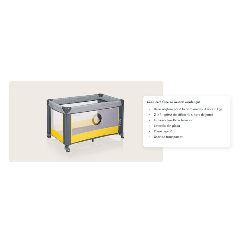 Patut pliant, Lionelo, Stefi, Cu un nivel, Cu intrare laterala cu fermoar, 2 roti, 120x60 cm, Conform cu standardul european de securitate EN 716, Yellow Lemon