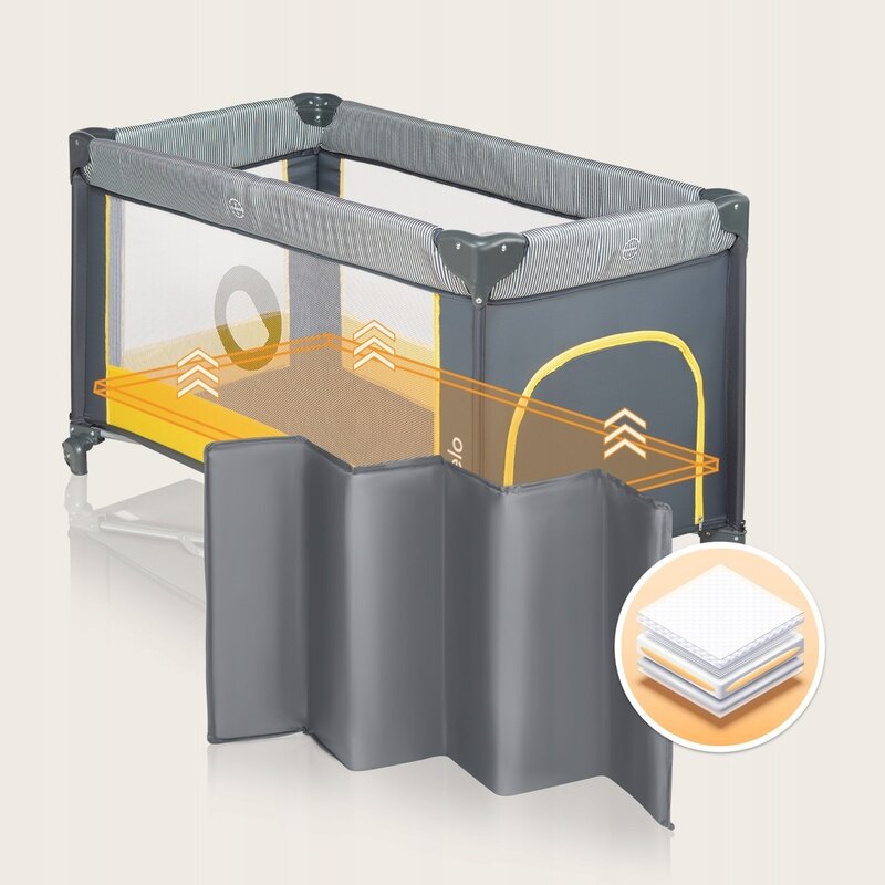 Patut pliant, Lionelo, Stefi, Cu un nivel, Cu intrare laterala cu fermoar, 2 roti, 120x60 cm, Conform cu standardul european de securitate EN 716, Yellow Lemon