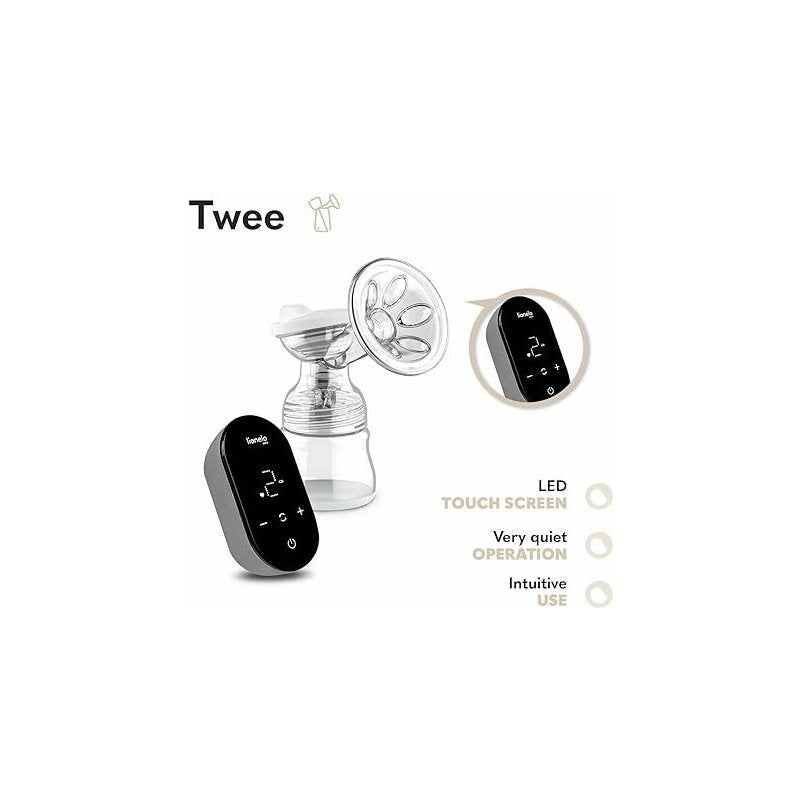 Pompa dubla de san, Lionelo, Electrica, Cu 9 nivele de aspiratie, 5 moduri de masaj, Afisaj LED, Imita suptul natural al copilului, Functionare pana la 90 min, Silentioasa, Fara BPA, Include 2 recipiente de 150 ml si 2 pungi, Cablu USB, Husa, Alb/Gri