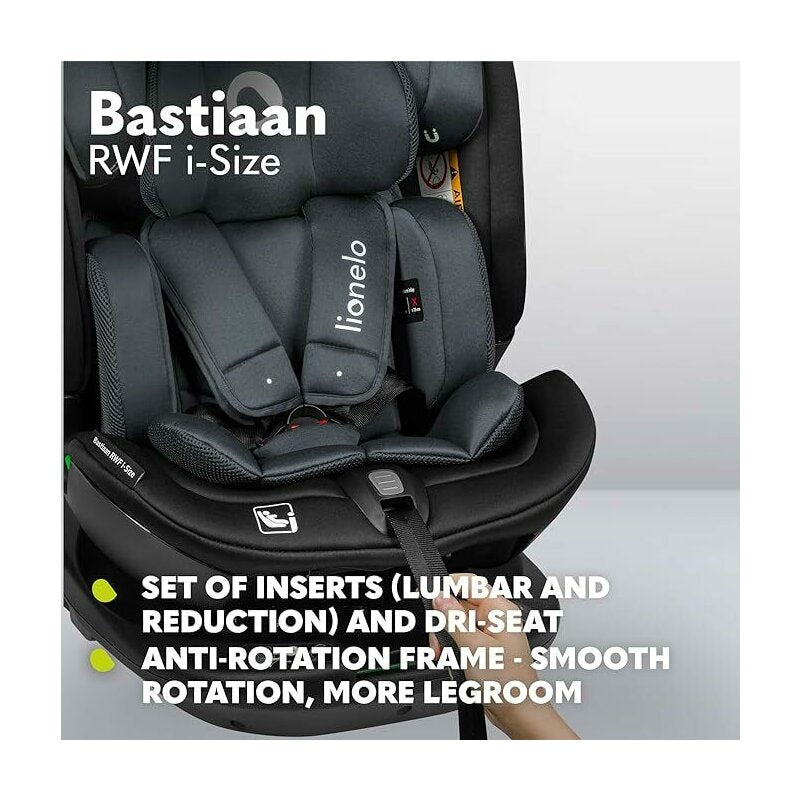 Scaun auto, Lionelo, Bastiaan RWF i-Size, Pozitie de somn, Protectie laterala, Rotire 360 grade, 0-36 Kg, Cu Isofix si Centura Top Tether, Conform cu standardul european de securitate ECE R129, Gri