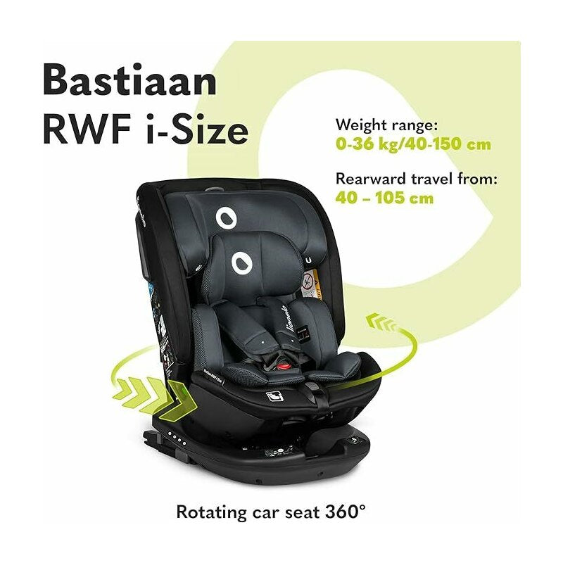 Scaun auto, Lionelo, Bastiaan RWF i-Size, Pozitie de somn, Protectie laterala, Rotire 360 grade, 0-36 Kg, Cu Isofix si Centura Top Tether, Conform cu standardul european de securitate ECE R129, Gri