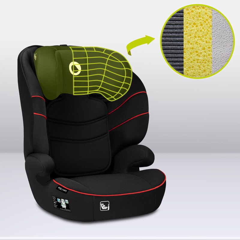 Scaun auto, Lionelo, Lars i-Size, Cu tetiera reglabila in 10 pozitii, Cu pozitionare spre sensul de mers, 15-36 Kg, 100-150 cm, Conform cu standardul european de securitate ECE R129/03, Negru/Rosu