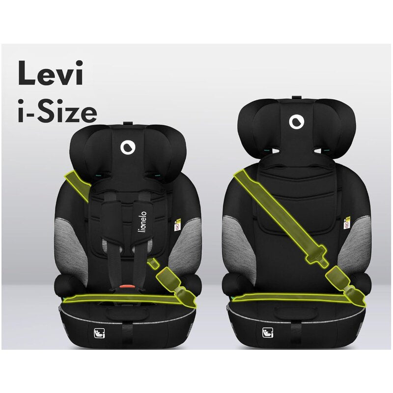 Scaun auto, Lionelo, Levi One i-Size, Universal, Instalare FWF, Cu tetiera reglabila in 10 pozitii, Cu spatar detasabil, 76-150 cm, Conform cu R129, Gri