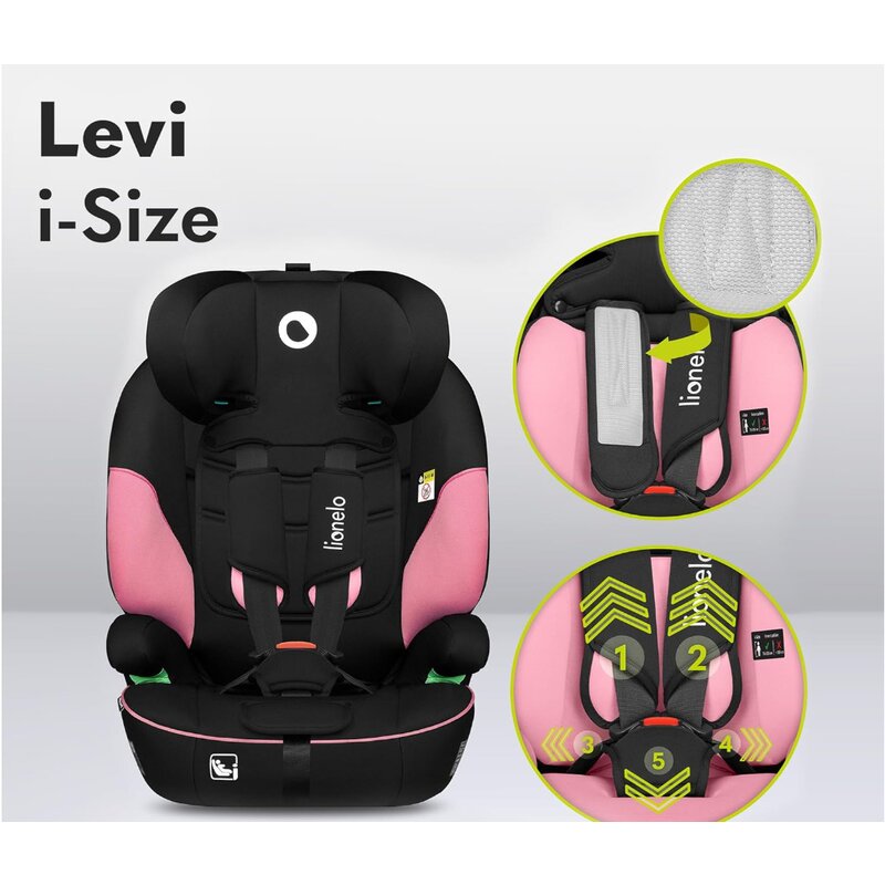 Scaun auto, Lionelo, Levi One i-Size, Universal, Instalare FWF, Cu tetiera reglabila in 10 pozitii, Cu spatar detasabil, 76-150 cm, Conform cu R129, Roz
