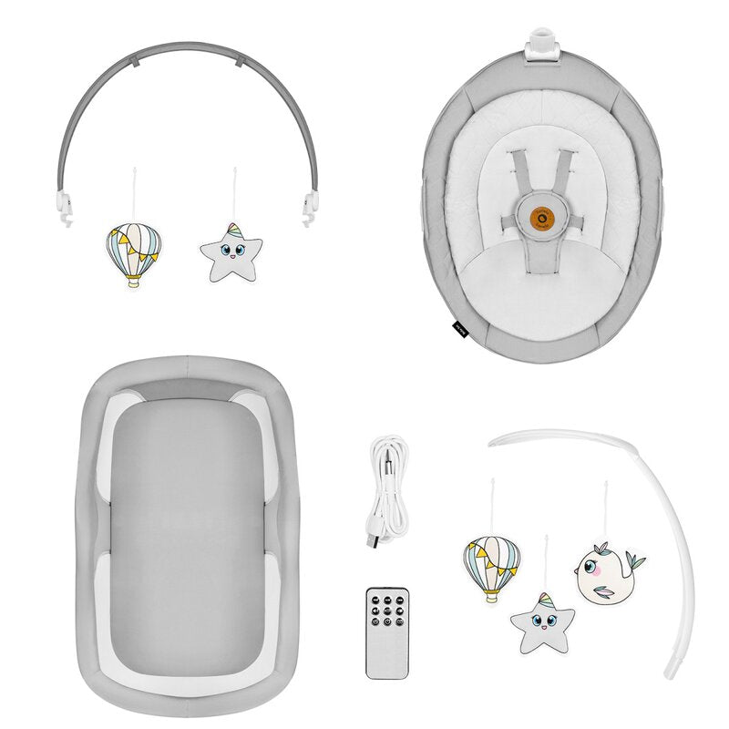 Set 2 in 1, Balansoar si landou, Lionelo, Bella, Rotative 360, Ecran tactil si telecomanda, Electric, Scaun reglabil, 6 miscari unice, 5 viteze, Cu melodii, Gri