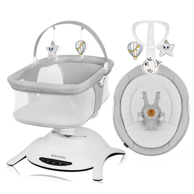 Set 2 in 1, Balansoar si landou, Lionelo, Bella, Rotative 360, Ecran tactil si telecomanda, Electric, Scaun reglabil, 6 miscari unice, 5 viteze, Cu melodii, Gri