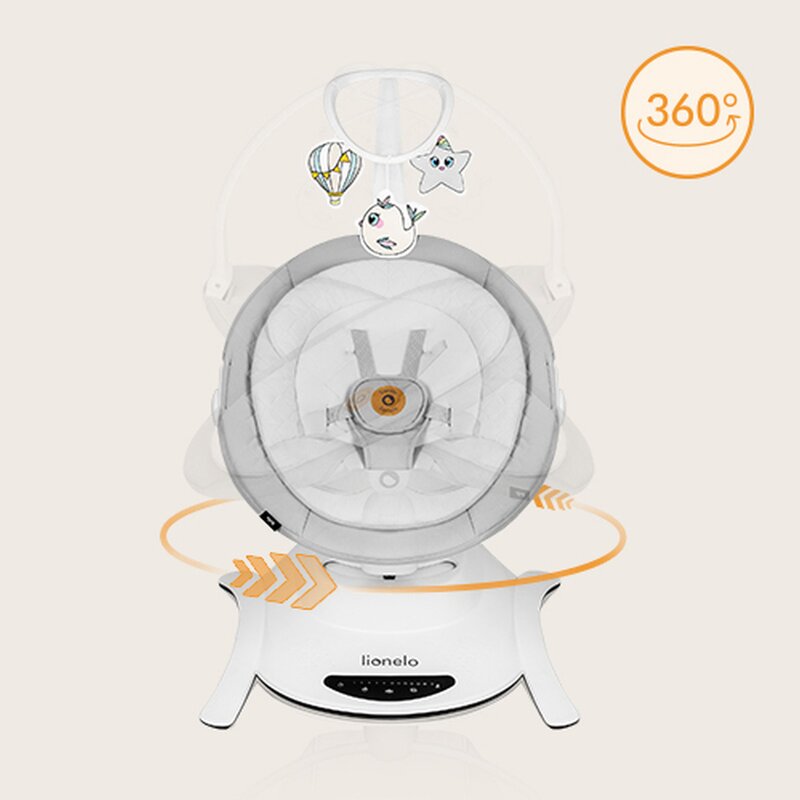 Set 2 in 1, Balansoar si landou, Lionelo, Bella, Rotative 360, Ecran tactil si telecomanda, Electric, Scaun reglabil, 6 miscari unice, 5 viteze, Cu melodii, Gri