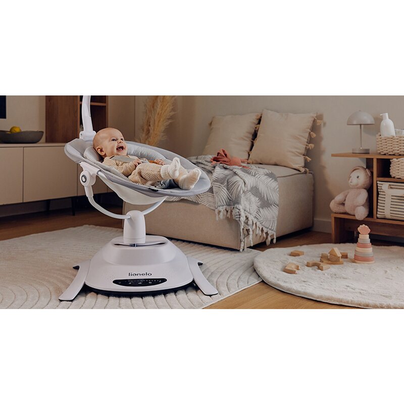 Set 2 in 1, Balansoar si landou, Lionelo, Bella, Rotative 360, Ecran tactil si telecomanda, Electric, Scaun reglabil, 6 miscari unice, 5 viteze, Cu melodii, Gri