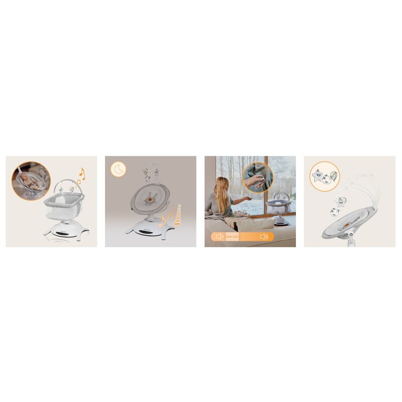 Set 2 in 1, Balansoar si landou, Lionelo, Bella, Rotative 360, Ecran tactil si telecomanda, Electric, Scaun reglabil, 6 miscari unice, 5 viteze, Cu melodii, Gri