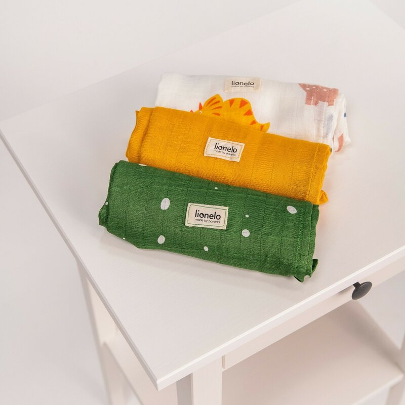 Set 3 museline Lionelo Bamboo Set Dino – set pliat în decor