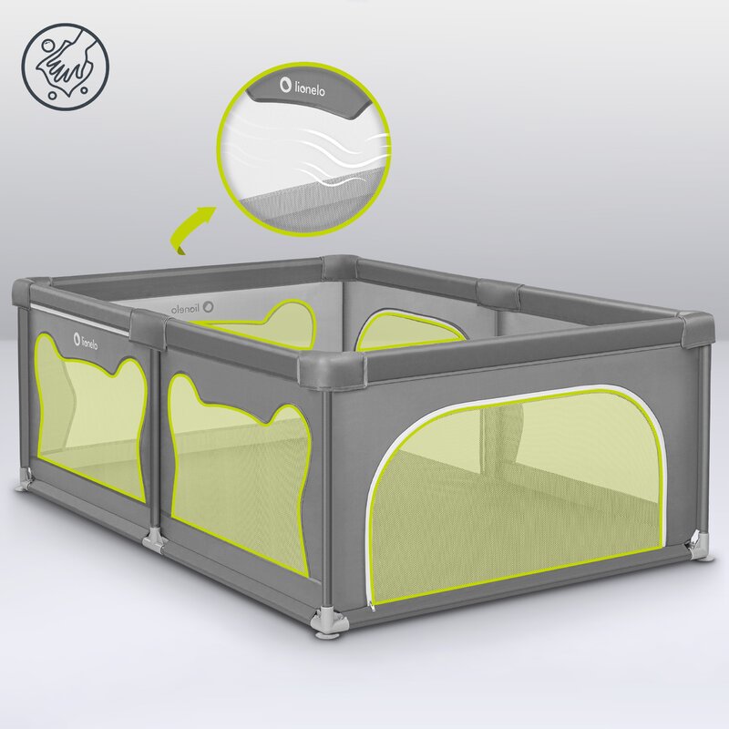 Tarc de joaca copii, Lionelo, Willow, 127 x 187 cm, Pliere compacta, Include geanta de transport, Din plasa, Cu doua intrari laterale si fermoar, Cu ventuze pentru stabilitate, Conform cu EN 12227:2010, Gri