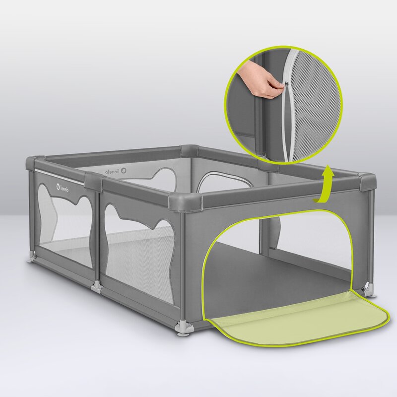 Tarc de joaca copii, Lionelo, Willow, 127 x 187 cm, Pliere compacta, Include geanta de transport, Din plasa, Cu doua intrari laterale si fermoar, Cu ventuze pentru stabilitate, Conform cu EN 12227:2010, Gri