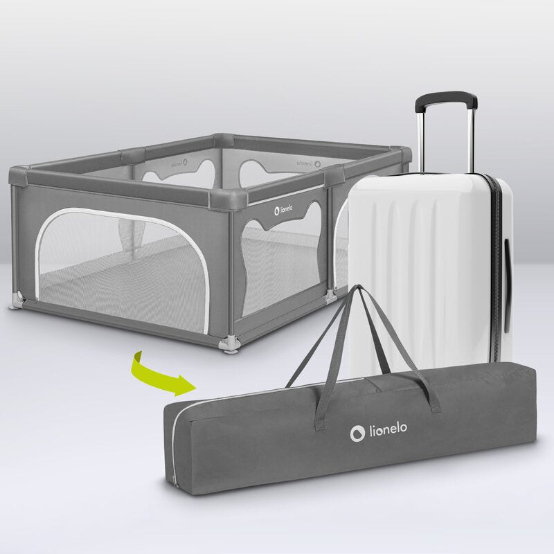 Tarc de joaca copii, Lionelo, Willow, 127 x 187 cm, Pliere compacta, Include geanta de transport, Din plasa, Cu doua intrari laterale si fermoar, Cu ventuze pentru stabilitate, Conform cu EN 12227:2010, Gri