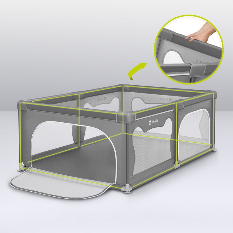 Tarc de joaca copii, Lionelo, Willow, 127 x 187 cm, Pliere compacta, Include geanta de transport, Din plasa, Cu doua intrari laterale si fermoar, Cu ventuze pentru stabilitate, Conform cu EN 12227:2010, Gri