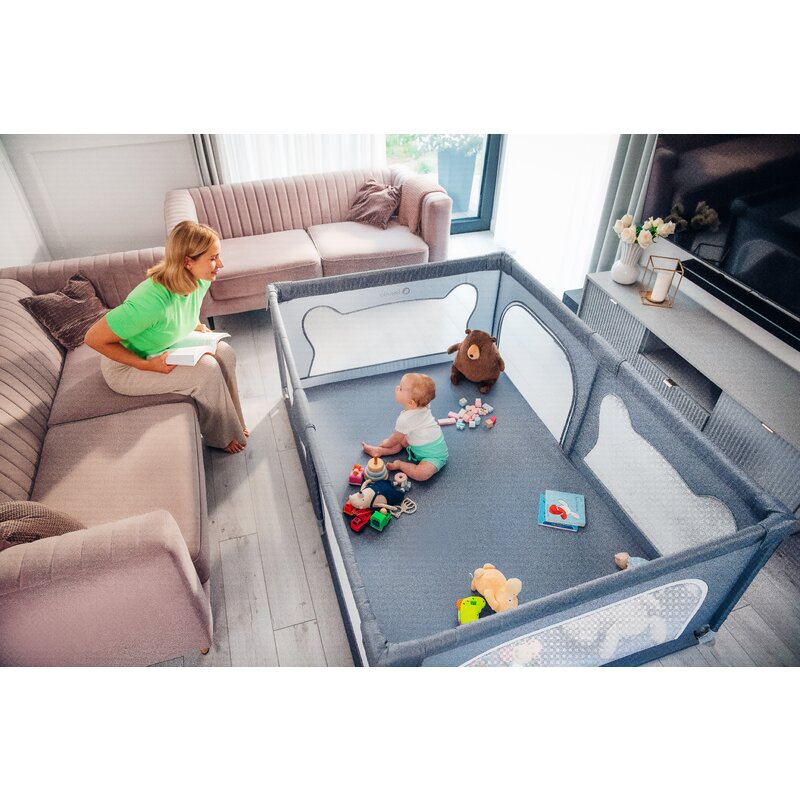 Tarc de joaca copii, Lionelo, Willow, 127 x 187 cm, Pliere compacta, Include geanta de transport, Din plasa, Cu doua intrari laterale si fermoar, Cu ventuze pentru stabilitate, Conform cu EN 12227:2010, Gri