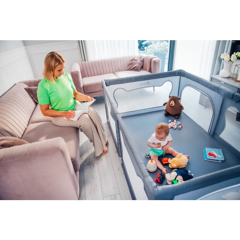 Tarc de joaca copii, Lionelo, Willow, 127 x 187 cm, Pliere compacta, Include geanta de transport, Din plasa, Cu doua intrari laterale si fermoar, Cu ventuze pentru stabilitate, Conform cu EN 12227:2010, Gri