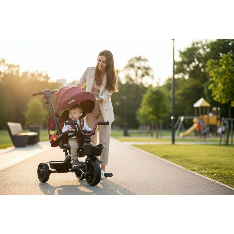 Tricicleta copii, Lionelo, Kori, Ultrapliabila, Multifunctionala. Cu suport de picioare, Control al directiei, Scaun reversibil, Rotire 360 grade, Conform cu standardul europeane de securitate EN71, Red Burgundy