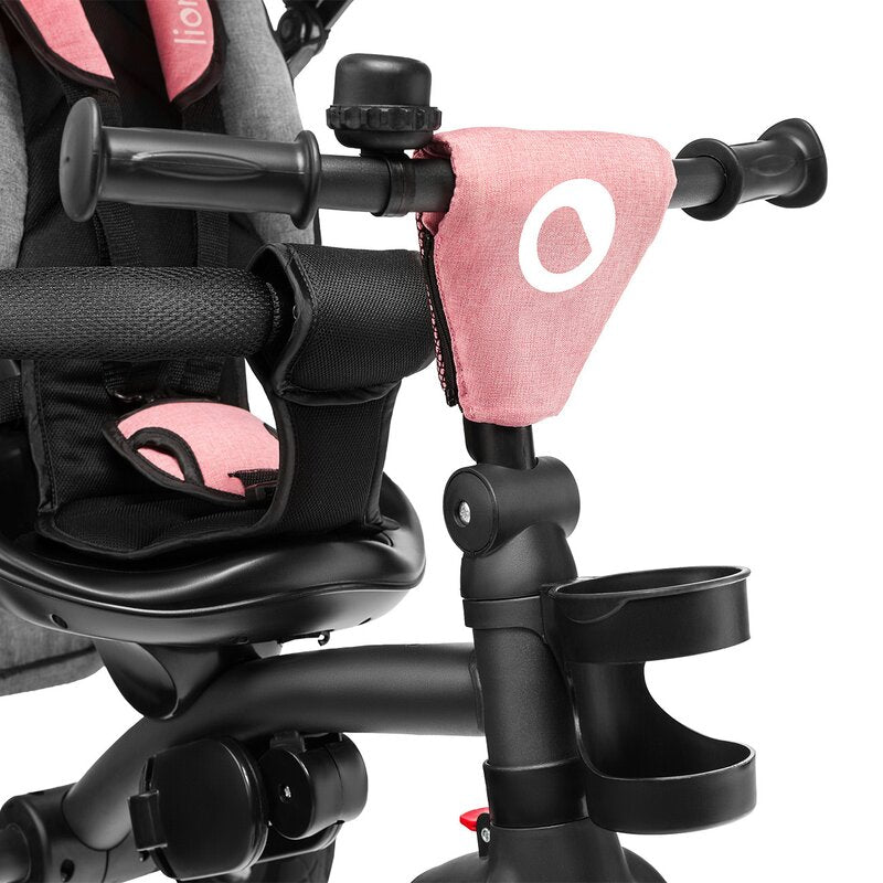 Tricicleta copii, Lionelo, Tris, Ultrapliabila, Multifunctionala. Mecanism de pedalare libera, Suport picioare, Control al directiei, Scaun reversibil, Rotire 360 grade, Conform cu standardul europeane de securitate EN71, Roz/Gri