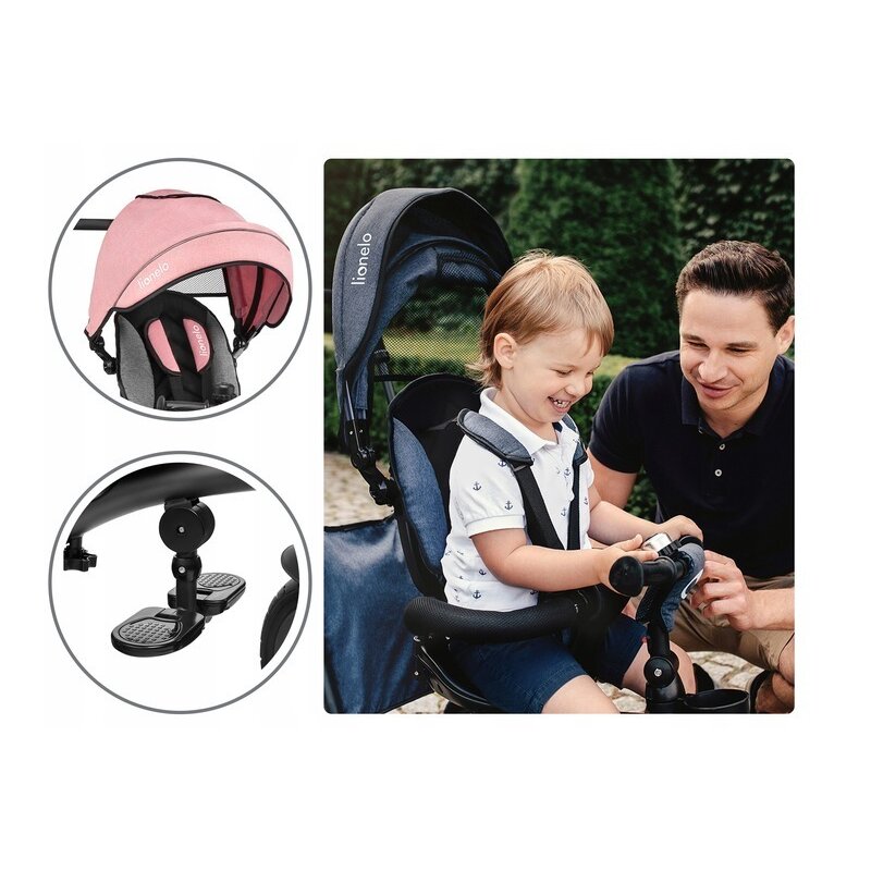 Tricicleta copii, Lionelo, Tris, Ultrapliabila, Multifunctionala. Mecanism de pedalare libera, Suport picioare, Control al directiei, Scaun reversibil, Rotire 360 grade, Conform cu standardul europeane de securitate EN71, Roz/Gri