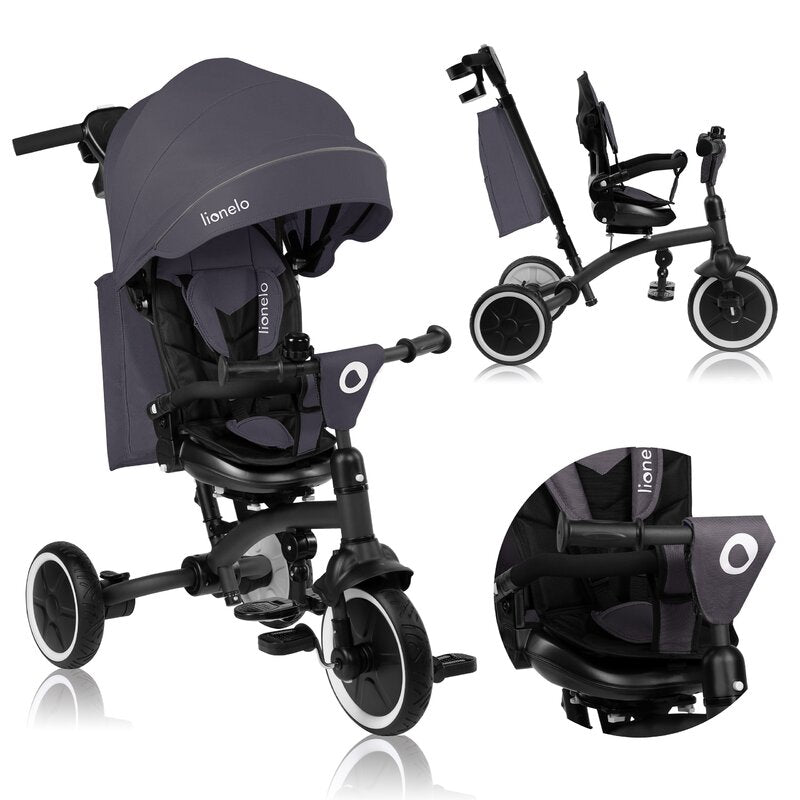 Tricicletă Copii Lionelo Tris Plus | Ultrapliabilă | Scaun Reversibil 360° | Spătar Reglabil | 9 luni-5 ani | 25 kg | Gri