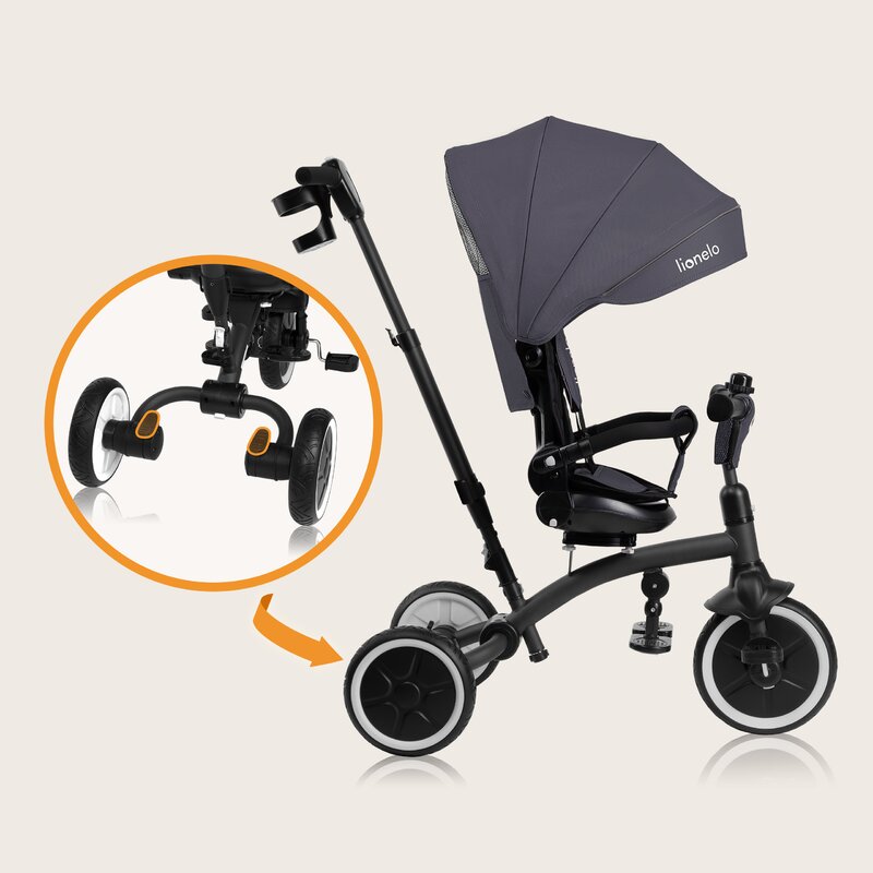 Tricicletă Copii Lionelo Tris Plus | Ultrapliabilă | Scaun Reversibil 360° | Spătar Reglabil | 9 luni-5 ani | 25 kg | Gri