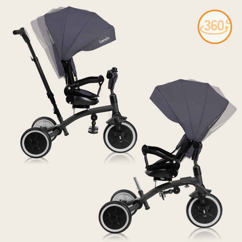 Tricicletă Copii Lionelo Tris Plus | Ultrapliabilă | Scaun Reversibil 360° | Spătar Reglabil | 9 luni-5 ani | 25 kg | Gri