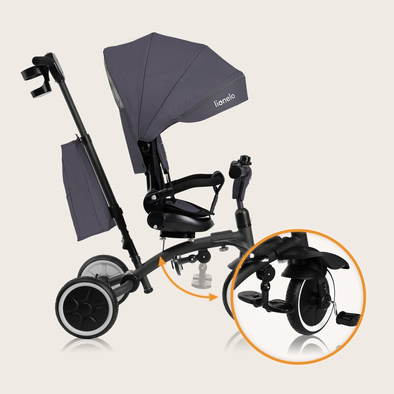 Tricicletă Copii Lionelo Tris Plus | Ultrapliabilă | Scaun Reversibil 360° | Spătar Reglabil | 9 luni-5 ani | 25 kg | Gri